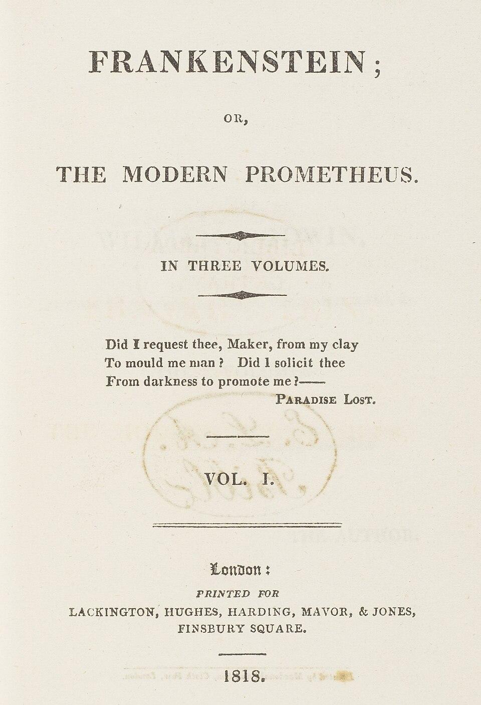  Christie's auction scan of title page of Mary Shelley's Frankenstein, first edition 1818